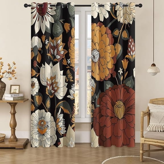 Boho Flower Blackout Curtains For Bedroom Windows, Plant Leaves Print Curtains For Living Room, Black Bohemian Dining Room Curtain Draperies 26"W x 54"L (Pack of 2)