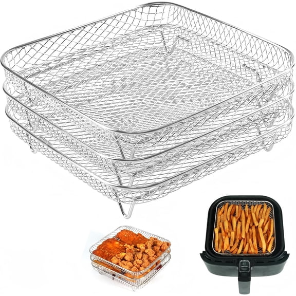 Thickoad 3 Pack Stackable Stainless Steel Air Fryer Rack with Silicone Feet, Square Dehydrator Trays for Even Cooking & More Capacity