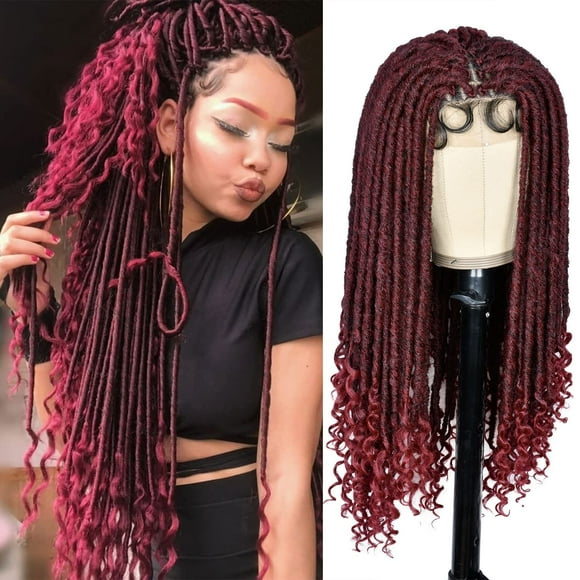 RunM Faux Locs Wigs for Black Women Straight Goddess Locs with Curly Ends Braided for Black Women Full Double Lace Curly Goddess Faux Locs Wig(1B/BUG)