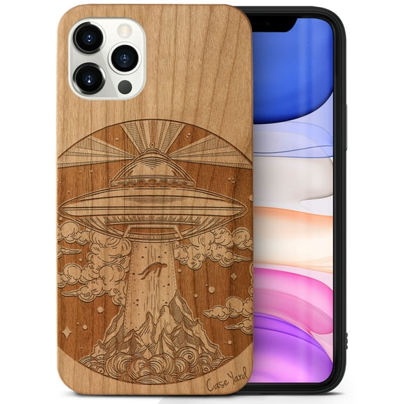 Case Yard Wooden Case Outside Soft TPU Silicone Slim Fit Shockproof Wood Phone Cover for Girls Boys Men and Women Supports Wireless Charging Alien Spaceship Design case for iPhone-11-Pro-Max