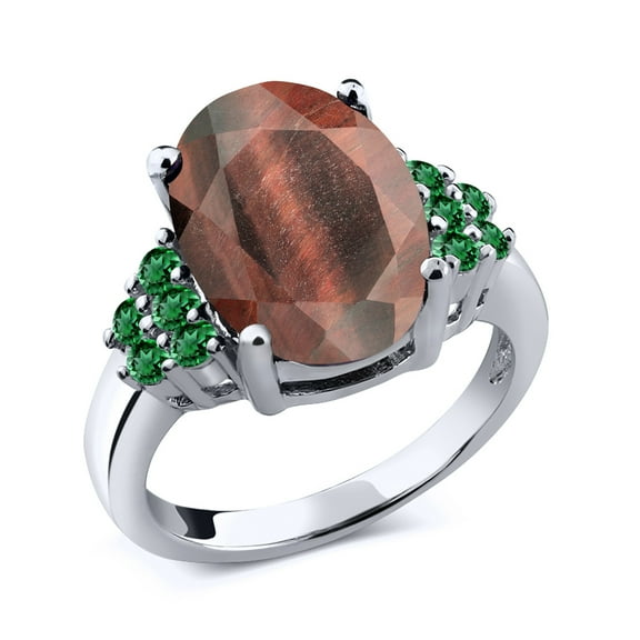 Gem Stone King 4.25 Ct Oval Red Tiger Eye Green Nano Emerald 925 Sterling Silver Ring (Size 9)