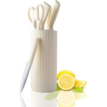 Kitchen Knife Set, 7 Pieces Stainless Steel Knife Block Set with Sharp Blade, Professional Chef Knife Set with Ergonomic Handles, Cooking Knife Set for Slicing, Dicing, Cutting (Cream)