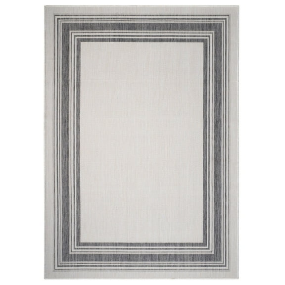 Laddha Home Designs 7.5' x 9.5' White and Gray Striped Border Rectangular Outdoor Area Throw Rug