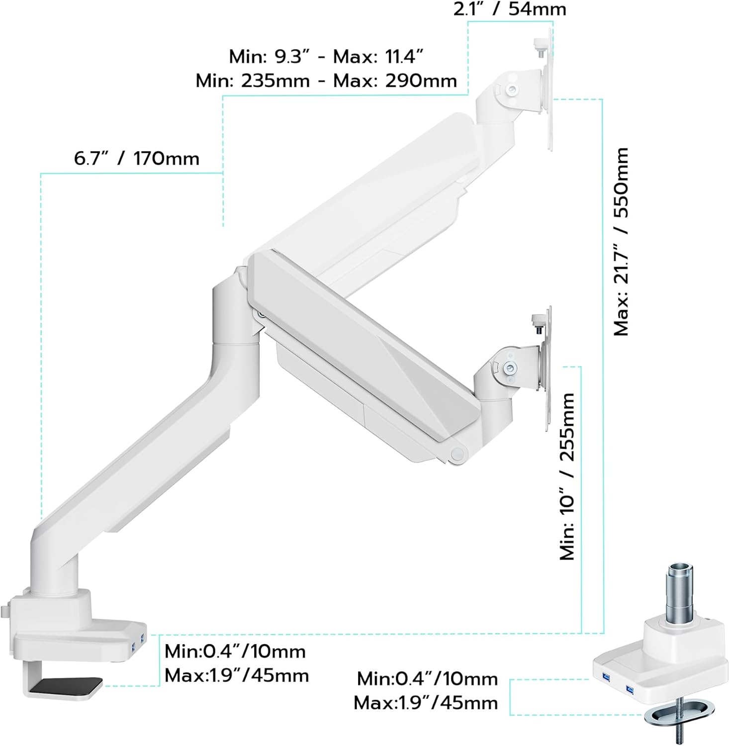 ARES WING Single Monitor Arm with USB, Heavy Duty Adjustable Monitor Arm for 13"-49" Screens, Gas Spring Monitor Arm Desk Mount with Clamp & Grommet Base Holds up to 40 lb, VESA 75x75 100x100, White