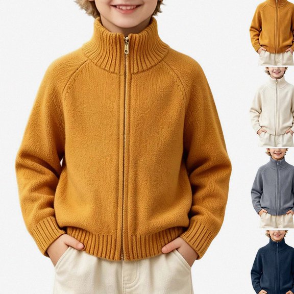Afuyipoi Boys Full Zip Raglan Sleeve Pullover Sweater for Kids Size 1-13Y Fall Winter Sporty Layering Yellow Size 3T