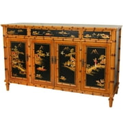60" Handpainted Black Lacquer Cabinet w/ Carved Bamboo Trim - Landscape