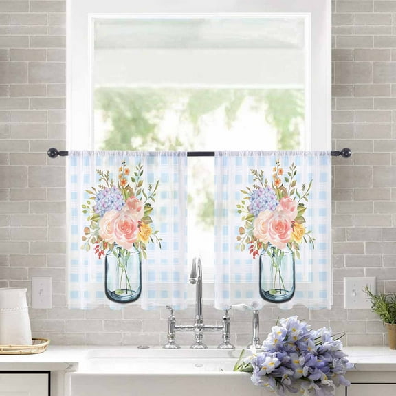 Sheer Curtains 54 inches Long, Blue Plaid Rose Flower Printing Light Filtering Sheer Window Curtains Rod Pocket Voile Drapes for Bedroom Living Room, 52"W x 54"L 2 Panels