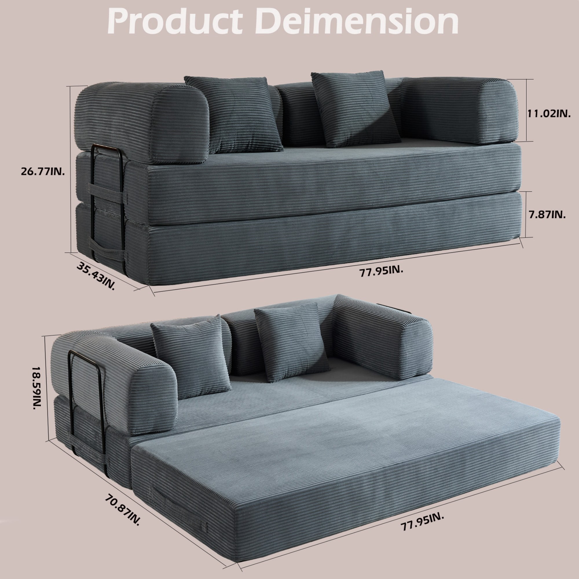 BSHTI 77" Corduroy Convertible Sleeper Sofa Bed with Cylindrical Pillow, No Assembly, Small Space for Living Room（Gray）