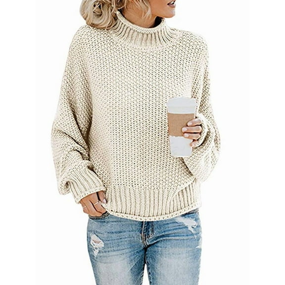 Women'S Winter Autumn Solid Color Lantern Sleeve Long Sleeve Sweater Pullover Coat Apricot XXL