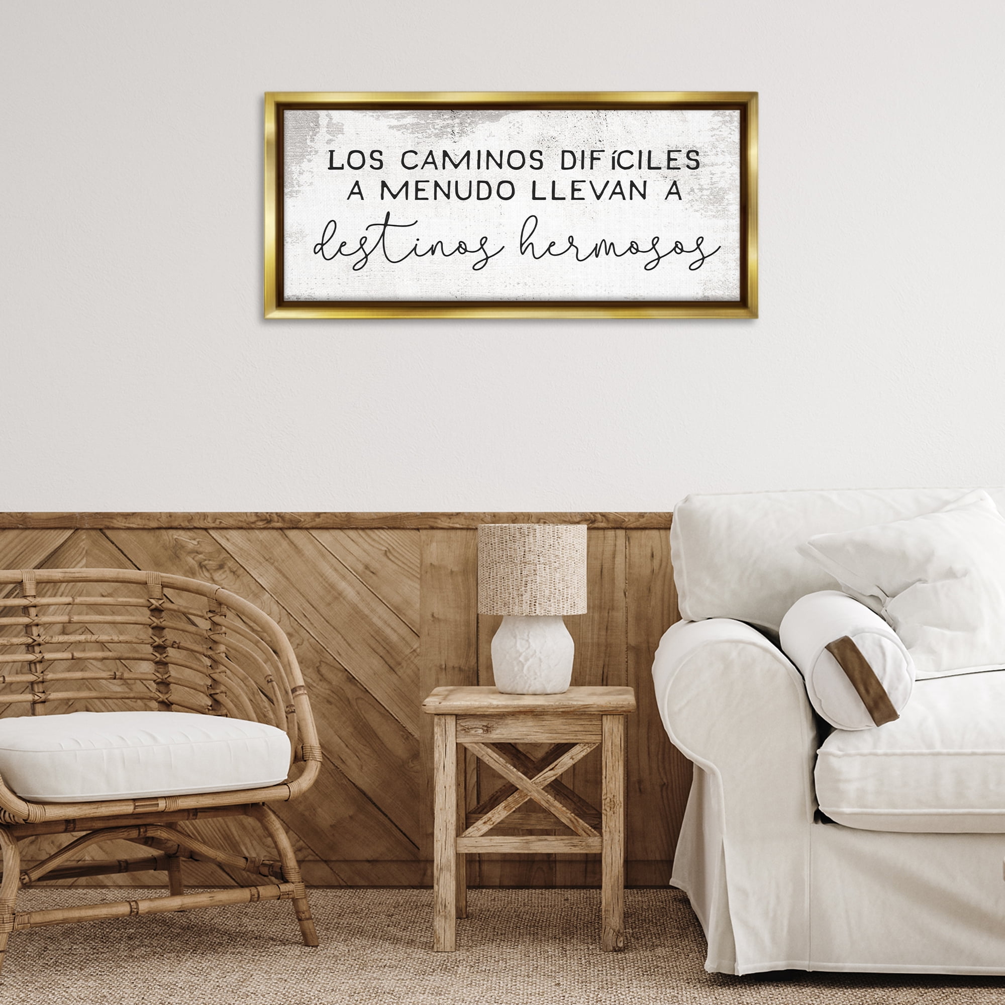 Stupell Industries Caminos Difíciles, Destinos Hermosos Inspirational Quotes & Sayings Painting Gold Floater Framed Art Print Wall Art, 31 x 14