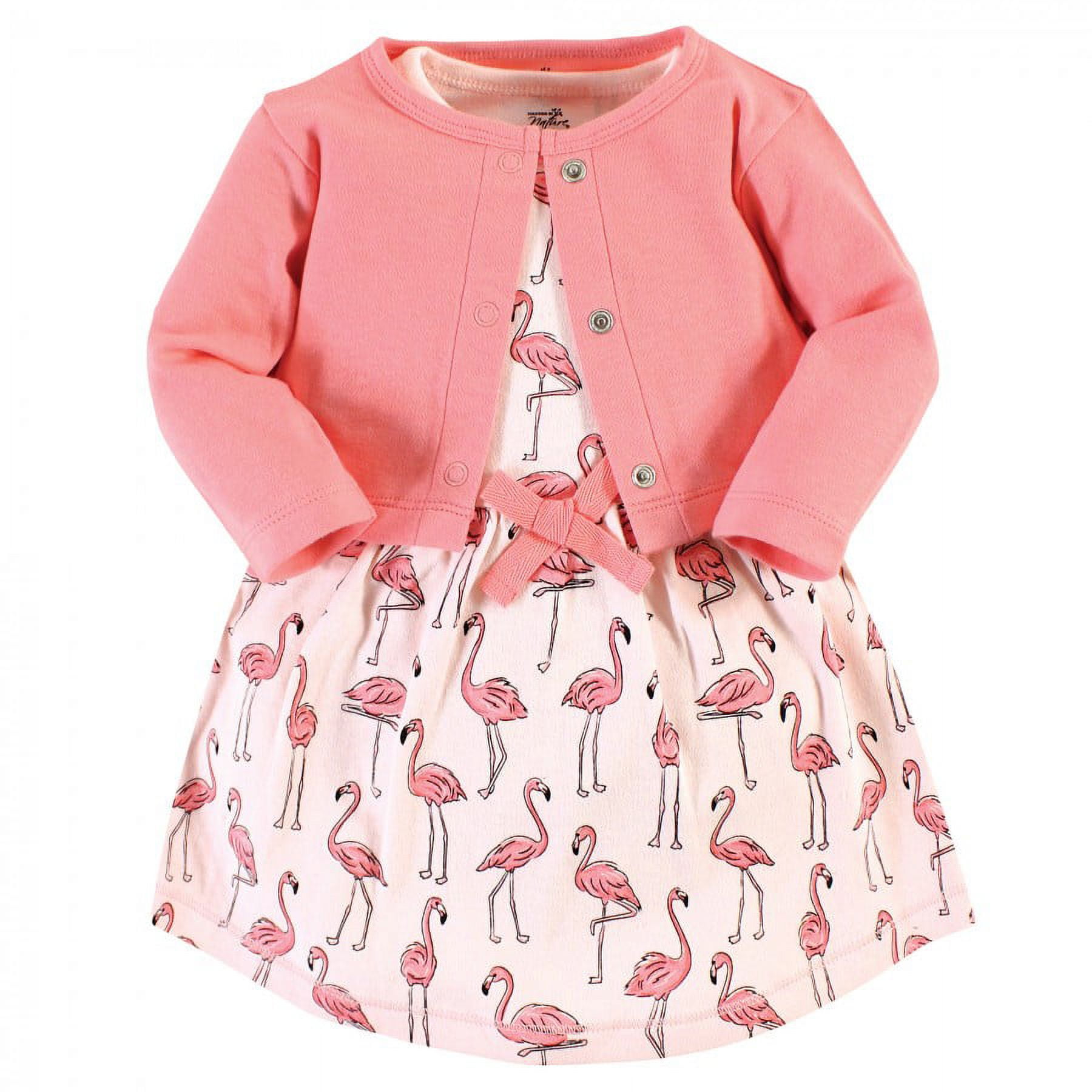 Touched by Nature Baby and Toddler Girl Organic Cotton Dress and Cardigan, Pink Flamingo, 3 Toddler