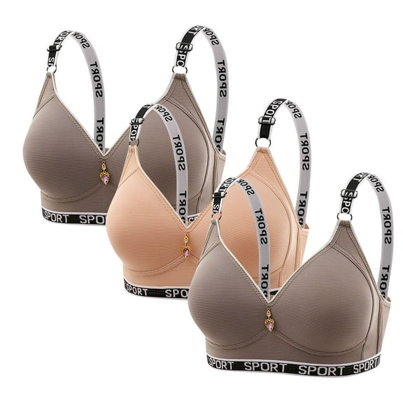 Voncos Womens Plus Size Sports Bra 3 Pack - 2XL Beige, Comfortable Low Impact Athleisure, Breathable Everyday Wear with Trendy Lettered Straps