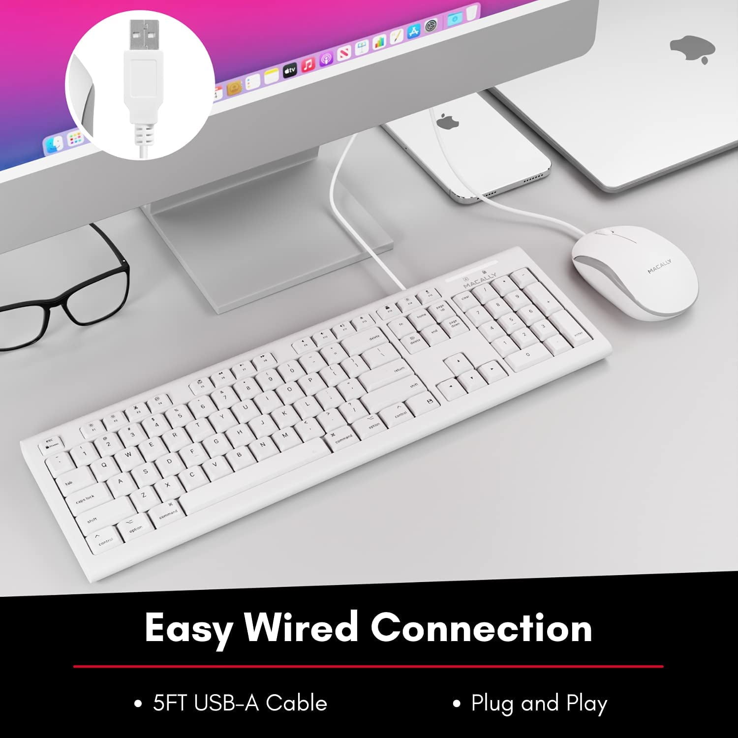 Macally USB Wired Keyboard & Mouse Combo – Full Size Ergonomic Apple Keyboard with Mac Shortcuts & Number Pad for Mac Mini, iMac, MacBook Pro/Air