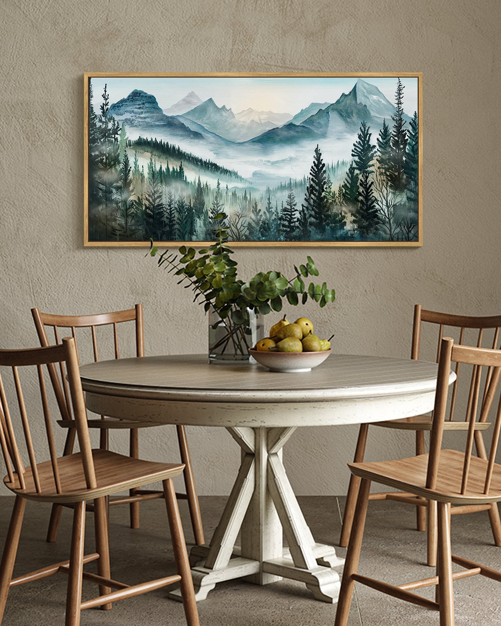 SHENIFY Landscape Mountain Range Wall Art 20x40in Natural Framed Set Watercolor Foggy Pine Tree Forest Nature Scenry Mist Wilderness Farmhouse Rustic Modern Decorative