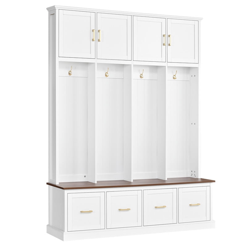 Farmhouse Hall Tree Entryway Storage Bench with Top Storage Cabinets, Mudroom Organizer Shoe Bench with 4 Drawers, Entryway Coat Rack with Hooks for Living Room Hallway