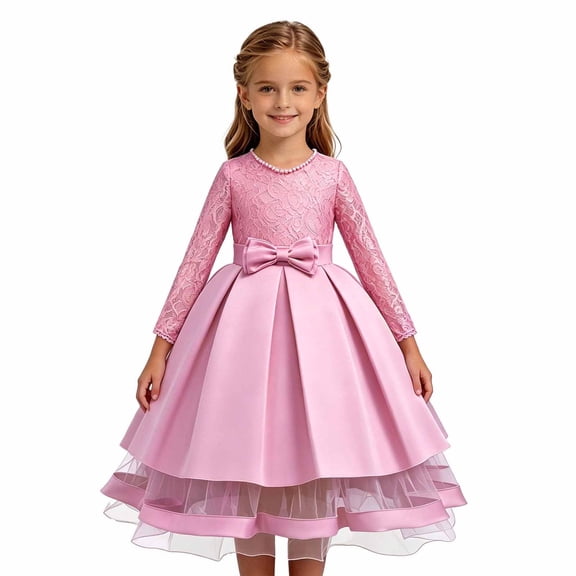 JAJAHO Flower Girl Dress Kids Girls Princess Birthday Dress Lace Long Sleeve Pleated Midi Party Wedding Formal Ball Gown 4-14Y