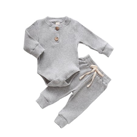 

Karuedoo Baby Boys Girls Casual Ribbed Knitted Bodysuits Tops Pants Outfits