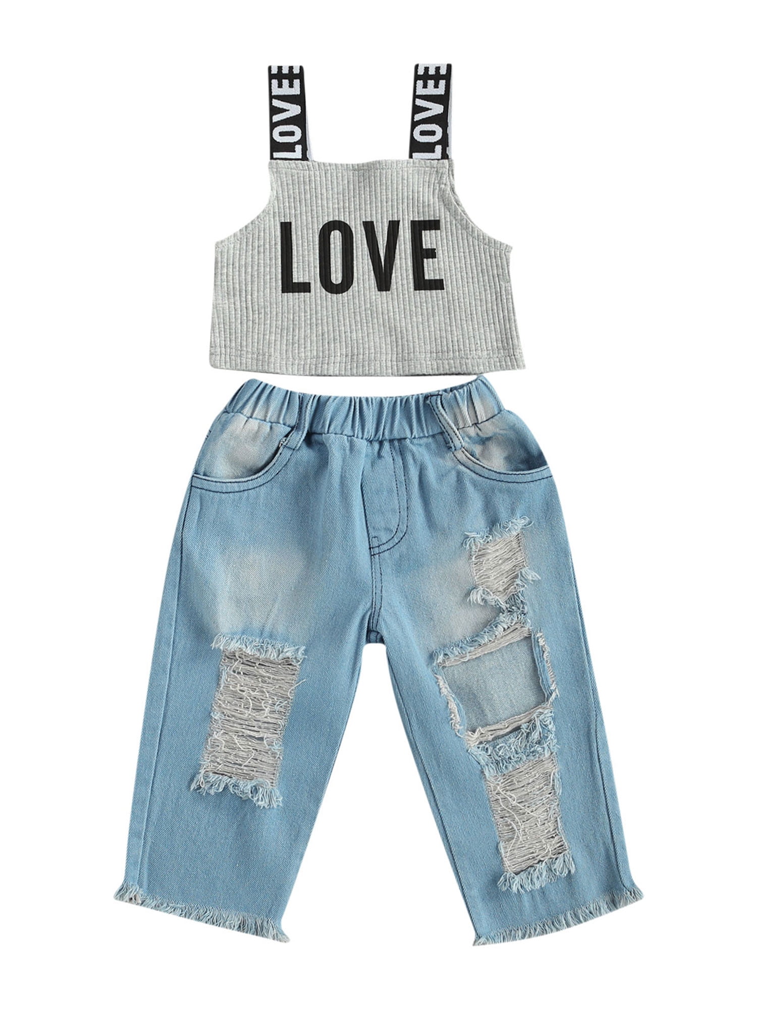 US Cute Toddler Baby Girl Vest Tops+Denim Ripped Pants Jeans Clothes Outfits Set 