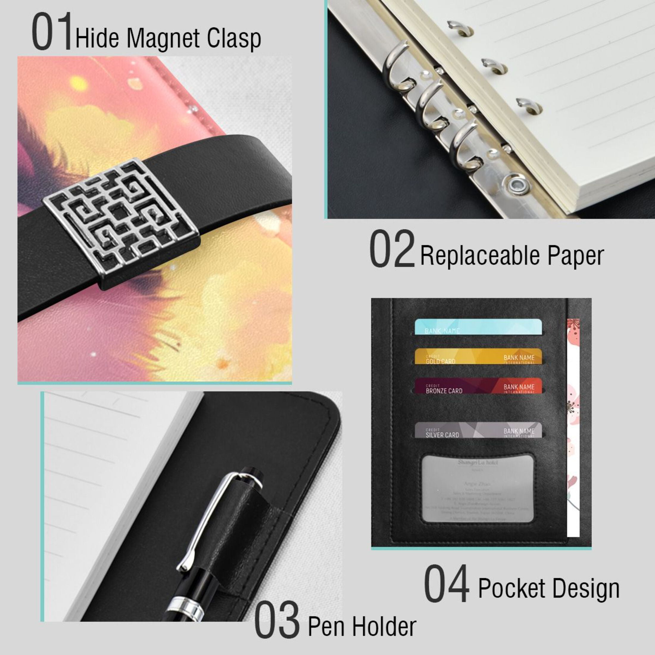 Leather Planner Leather Notebook Notebook Journal Binder Design Pen Pocket Design Convenient for Storage Adorable Black Kitten