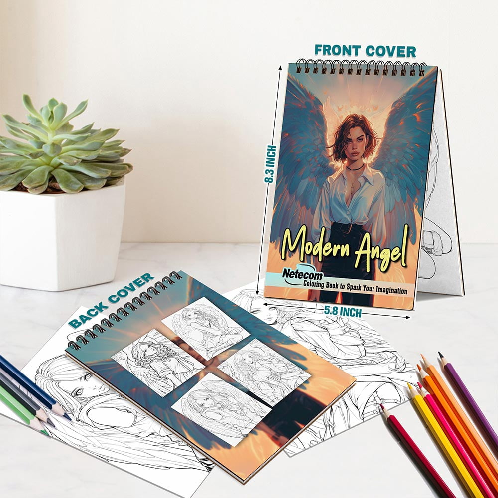 Netecom Modern Angel Coloring Book for Adults, A5 Wooden Cover, Spiral Bound Edition, 30 Elegant Angel Coloring Pages in Modern Styles for Stress Relief and Relaxation