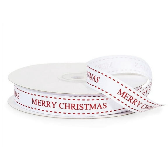 5/8" Wide White Merry Christmas Ribbon with Red Stitching - 25 Yards (20151WH)