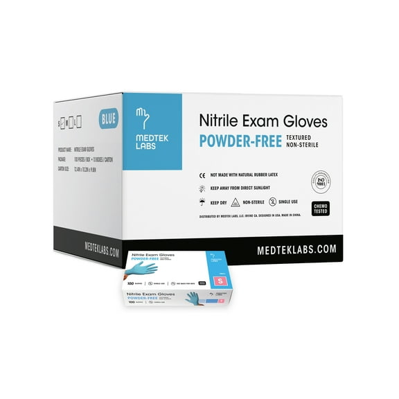 MEDTEK LABS Blue Nitrile Exam Gloves, Chemo Tested, Powder-Free, Textured, 1000/Case - Small