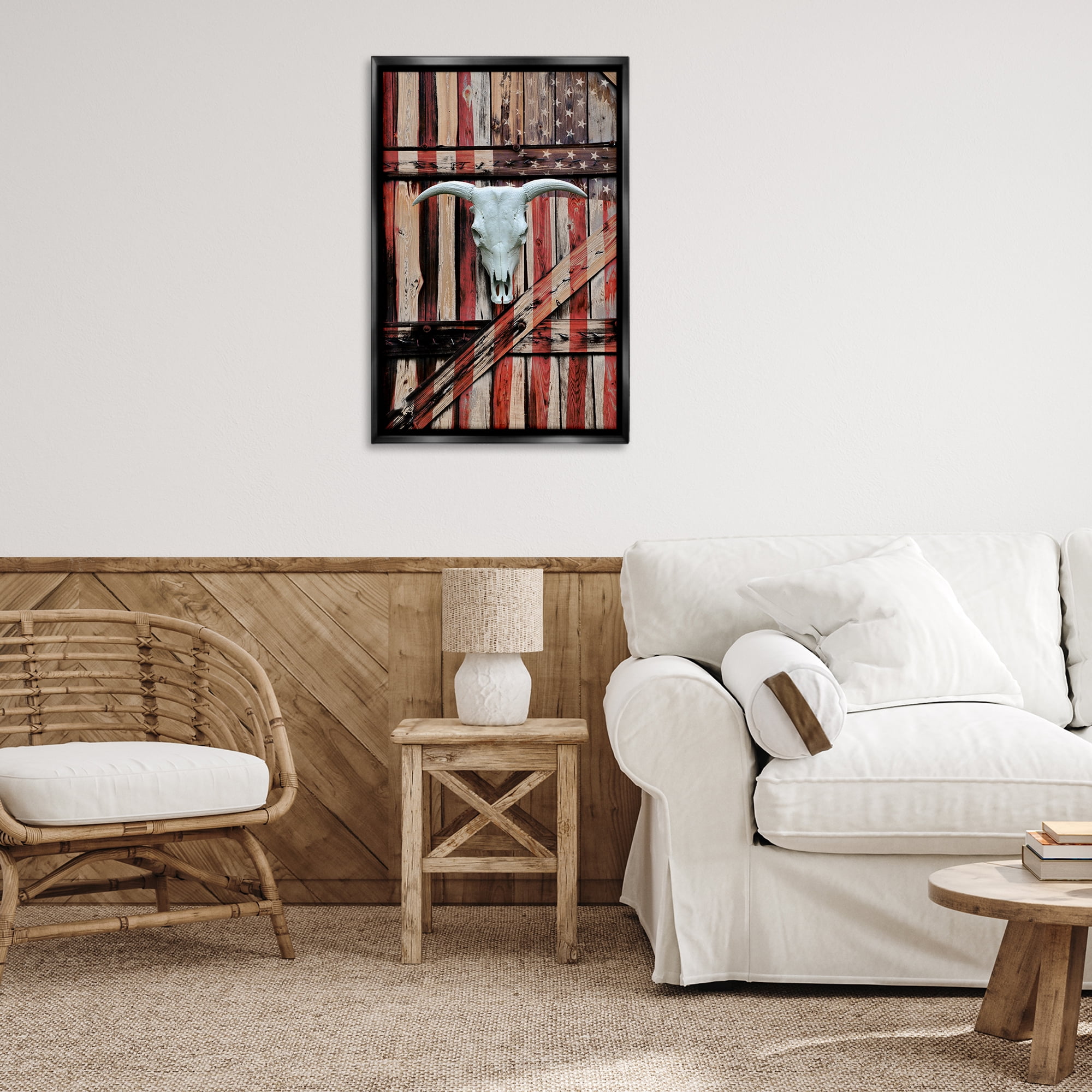 Stupell Industries Patriotic Cow Skull Transportation Painting Black Floater Framed Art Print Wall Art, 21 x 31