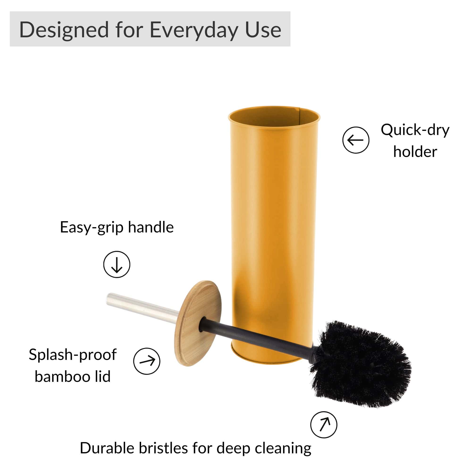 Mustard Yellow Metal Toilet Brush and Holder Set With Bamboo Lid