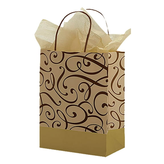 SSWBasics Medium Chocolate and Kraft Swirl Paper Shopping Bags - 8 ¼”L x 4 ¾”D x 10 ½”H - Case of 100