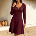 thumbnail image 4 of Tqcoqu Dresses for Women Long Sleeve Button V Neck Lightweight Ribbed Knit Casual Babydoll A Line Swing Flared Fall Dresses, 4 of 8
