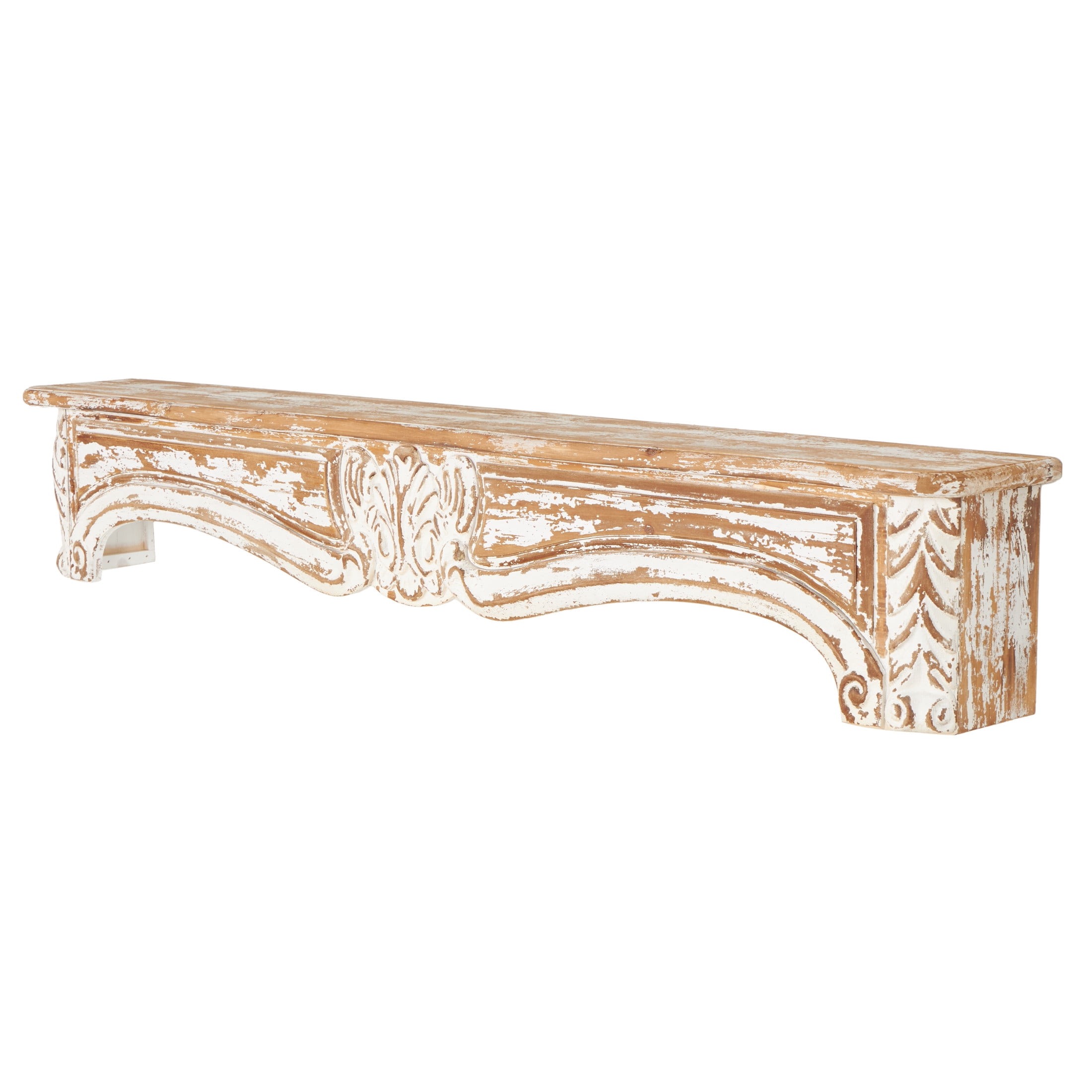 DecMode 60" x 8" Distressed 1-Tier Light Brown Scroll Wall Shelf
