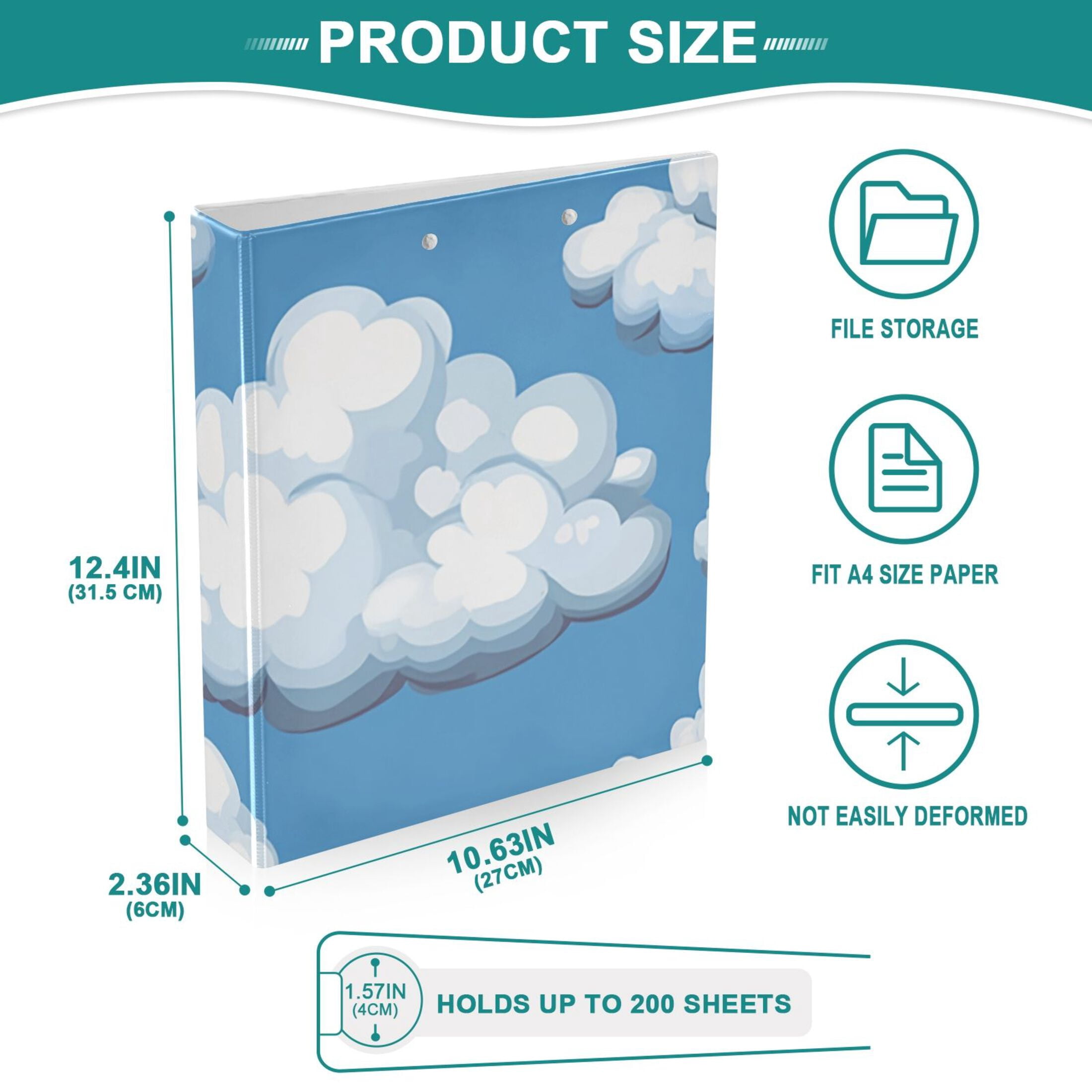 Clouds in Sky 3 Ring Binders 1.5 inch Hardcover File Folders with Interior Pockets A4 Size Organizer for School Office Hospital