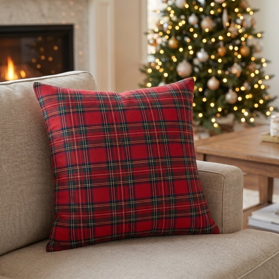 Christmas Plaid Throw Pillow with Insert, Tartan Decorative Cushion for Sofa, Couch and Holiday Home Decor
