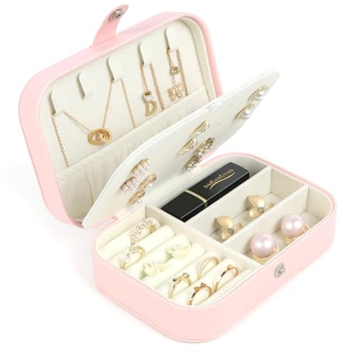 Travel Jewelry Box,Small Jewelry Organizer Boxes for Women Girls,2 Layer Travel Jewlery Case,PU Leather Mini Portable Jewerly Storage Display Holder for Earrings,Ring,Necklaces,Bracelets - Pink