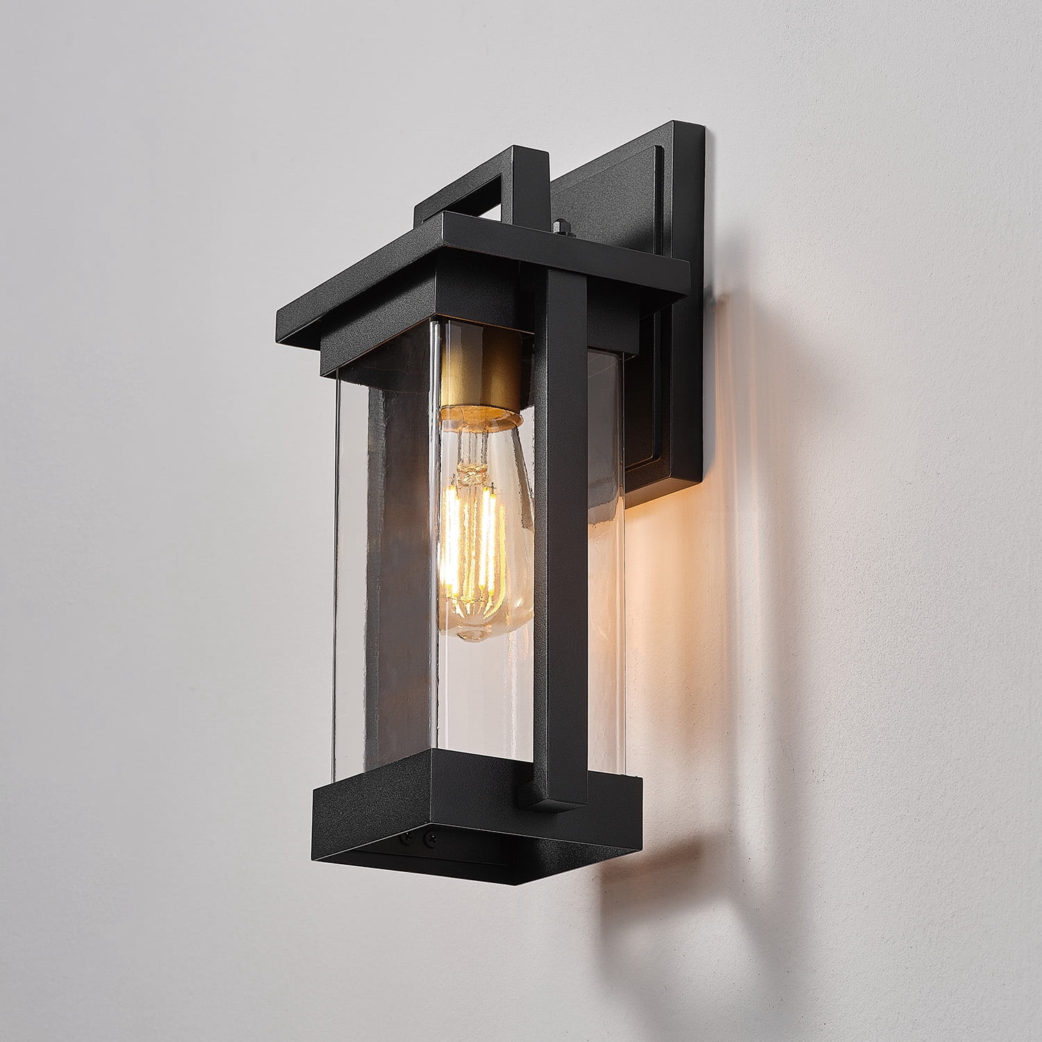 Globe Electric 1-Light Matte Black Outdoor Hardwired Wall Sconce with Brass Accent and Clear Seeded Glass Shade