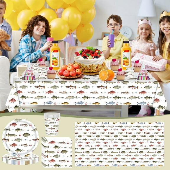 69PCS Fishing Theme Birthday Party Supplies Tableware,Party Decorations Pack for Fishing Enthusiast ( Includes 16PCS Dessert Plates,16PCS Dinner Plates,16PCS Cups,20PCS Napkin,1PCS Tablecloth)