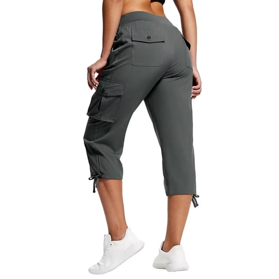 Womens Cargo Capris Lightweight Solid Color Pants Drawstring Elastic Waist Casual Work Clothes with Pockets