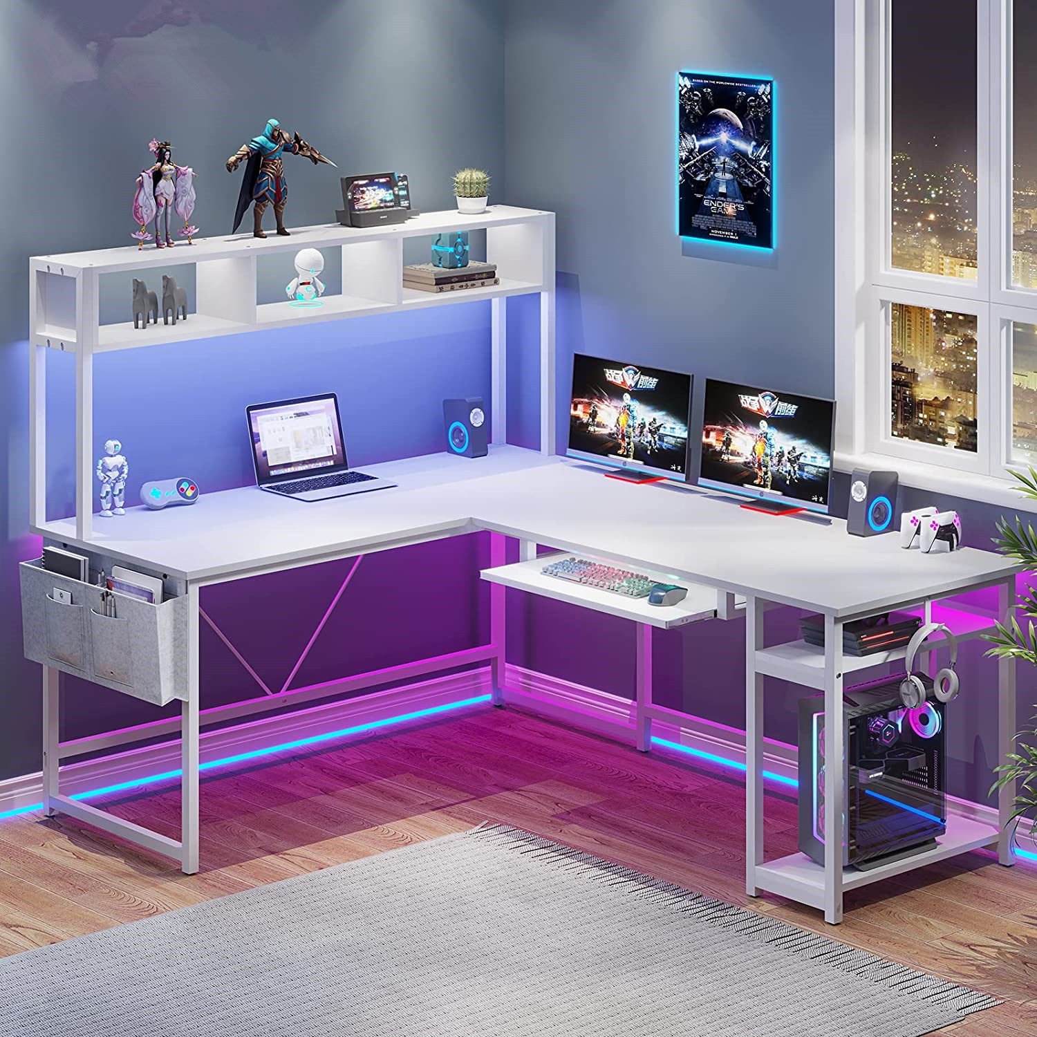 L Shaped Gaming Desk, Reversible 94.5” Office Desk, Gaming Desk with Led Lights, Keyboard Tray
