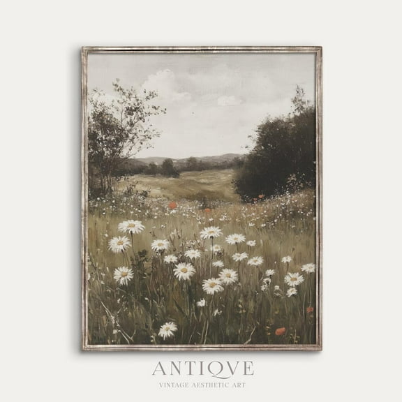 Daisy And Wildflower Meadow, Summer Landscape, Spring, Muted Colors Wall Art Home Decor, 8x12 UNFRAMED