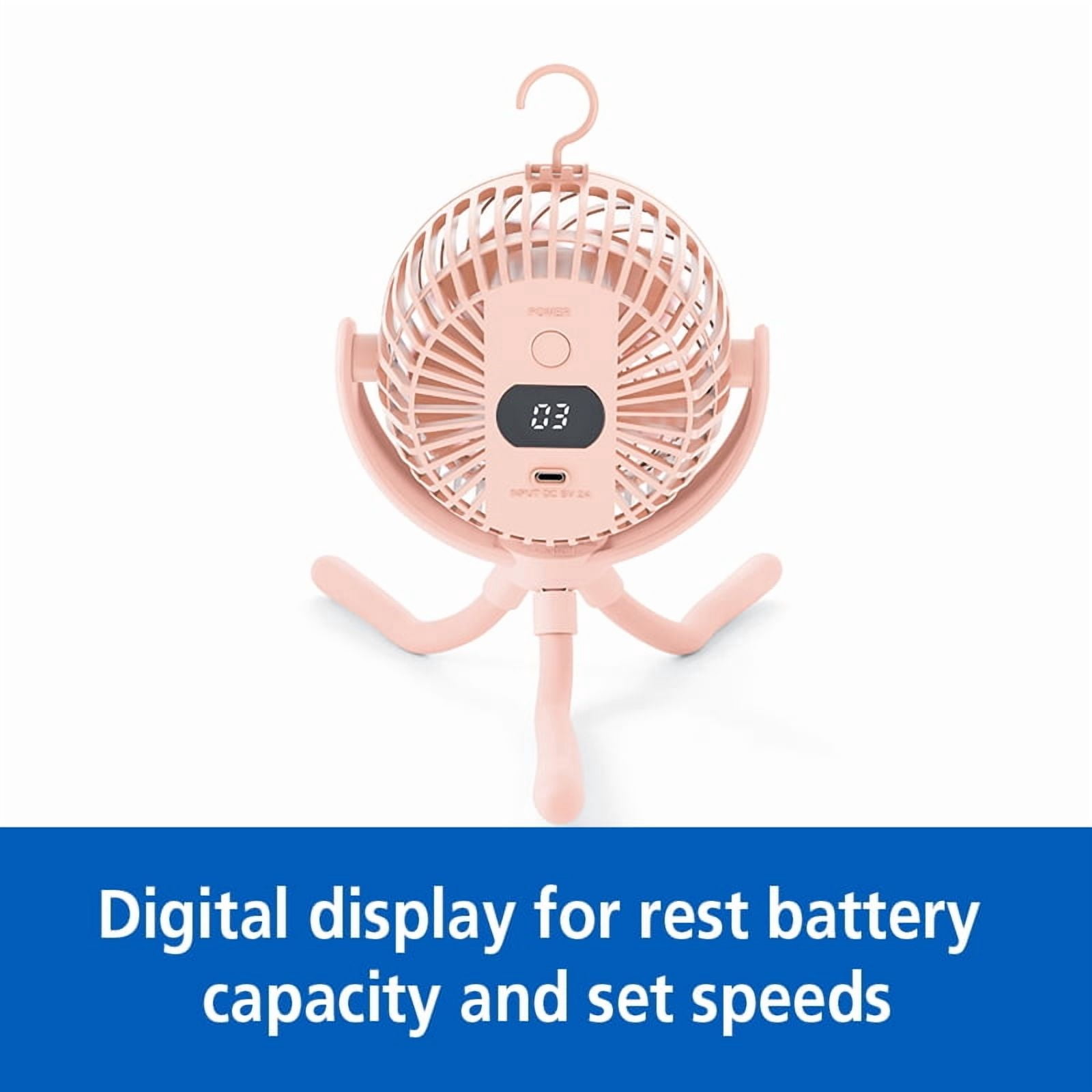 Mainstays 4"  New 3-speed Portable Rechargeable Fan with Flexible Tripod and Digital Display, Pink