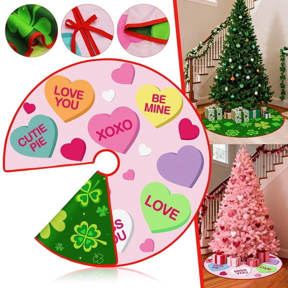 Reversible Valentine’s Day Tree Skirt 90cm – Double-Sided Christmas and Valentine Hearts & Flowers Pattern, Holiday Tree Base Decoration, Drawstring Adjustable, Soft Polyester Fabric