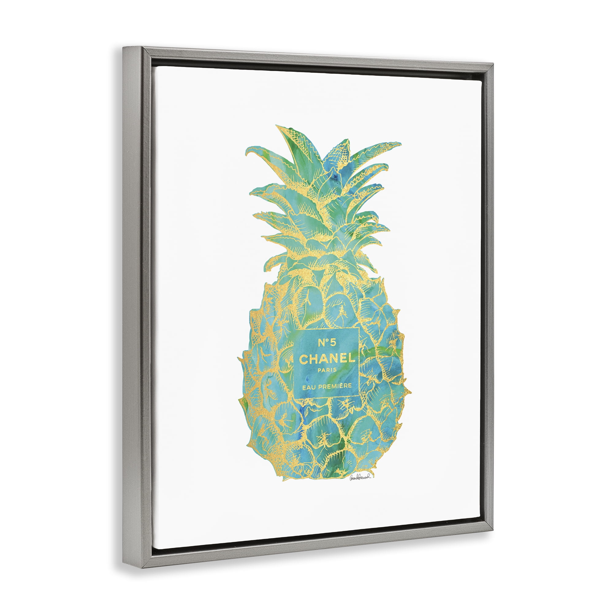 Stupell Industries Green Glam Brand Pineapple Food & Beverage Painting Gray Floater Framed Canvas Art Print Wall Art, 25 x 31