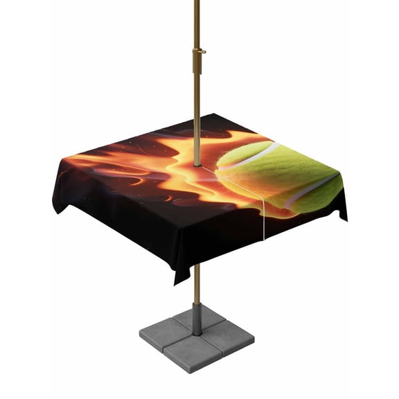 Outdoor Tablecloth with Umbrella Hole, Tennis Spillproof Waterproof Outdoor Table Cover, Modern Sport Glowing Ball Black Background Patio Tablecloths for Party/Garden/Picnic, Square 60"x60"