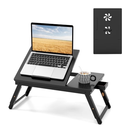 Furnibear Bamboo Laptop Lap Tray with Adjustable Legs and Tilting Heat-Dissipation Top and Storage Drawer Portable Lap Desk for Bed and Sofa, Natural