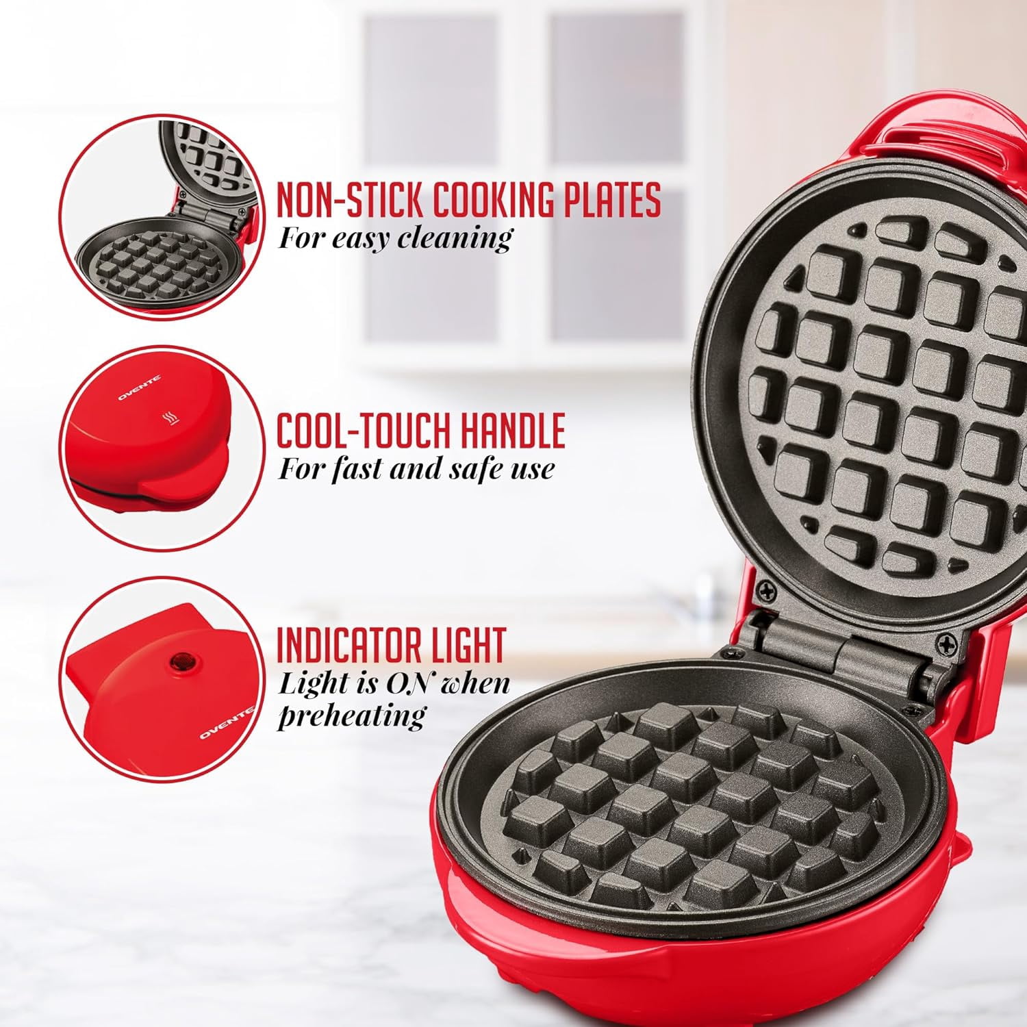 OVENTE Electric Mini Waffle Maker, 550W Fast Heating Element with Overheat Protection, 4-Inch Non-Stick Plates and Cooking Surface, Perfect for Breakfast, Hash Browns, Keto Chaffles, Red WM215R
