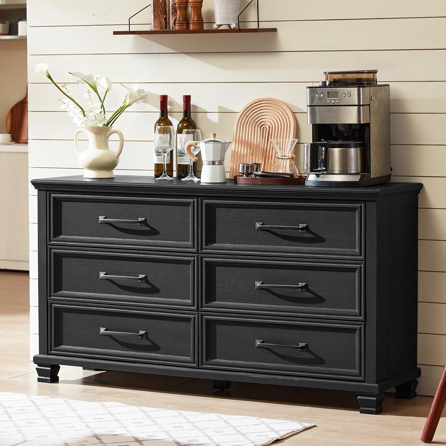 LELELINKY 6 Drawer Dresser for Bedroom, Chest of Drawers Wood Storage Cabinet for Living Room, Black