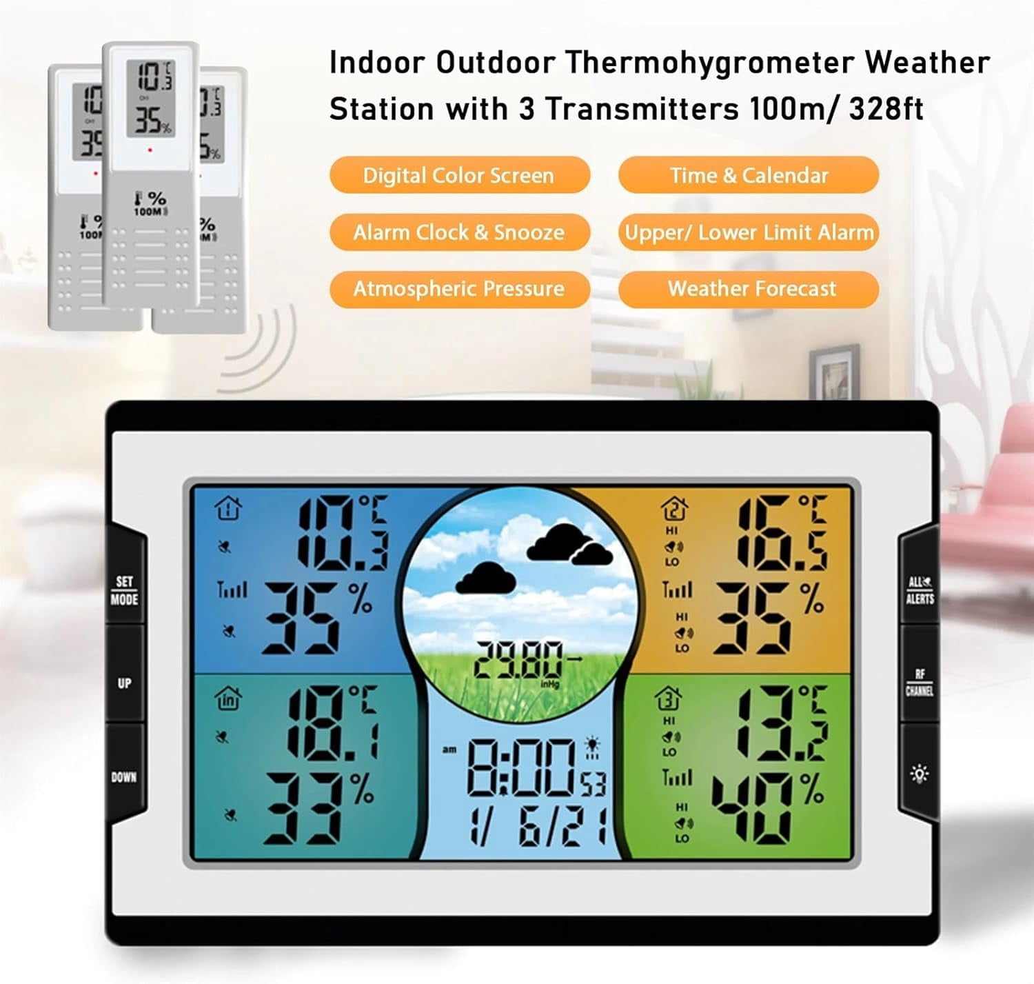 SONGAUN Weather Station, Digital Weather Station with 3 Remote Sensors 328ft/ 100m Temperature Humidity Alarm Clock with Weather Function for Warehouse