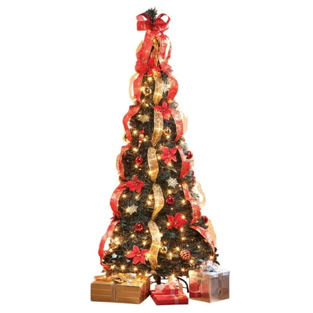Professionally Decorated Christmas Trees 7’ Pull-Up Poinsettia Christmas Tree by Holiday Peak, Pre-Lit and Fully Decorated, Collapses for Easy Storage ()