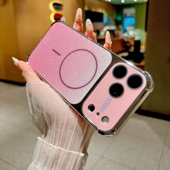 Case for iPhone 15 Pro with Camera Lens Protector, Compatible with MagSafe, Glitter Plated Protective Anti-Scratch Lightweight Wireless Charging Phone Case for Men & Women, Pink