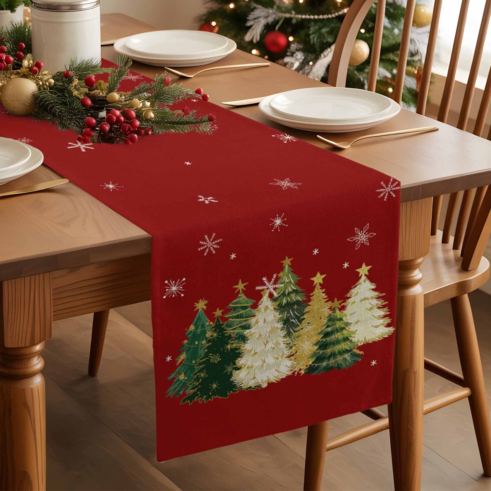 Red Christmas Tree Dresser Scarf Farmhouse, Dining Table Decorations for Wedding/Parties, Xmas Tree Winter Snowflake Table Runner 72 Inches Long for Kitchen Dining, 16 x 72 In